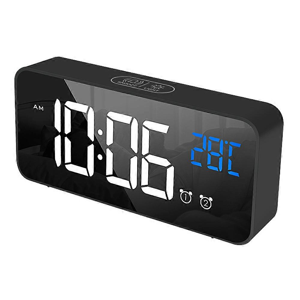 Digital Alarm Clock, Led Mirror Electronic Clock, Desk Clock With Voice Control, Dual Alarms, Snooze-Black