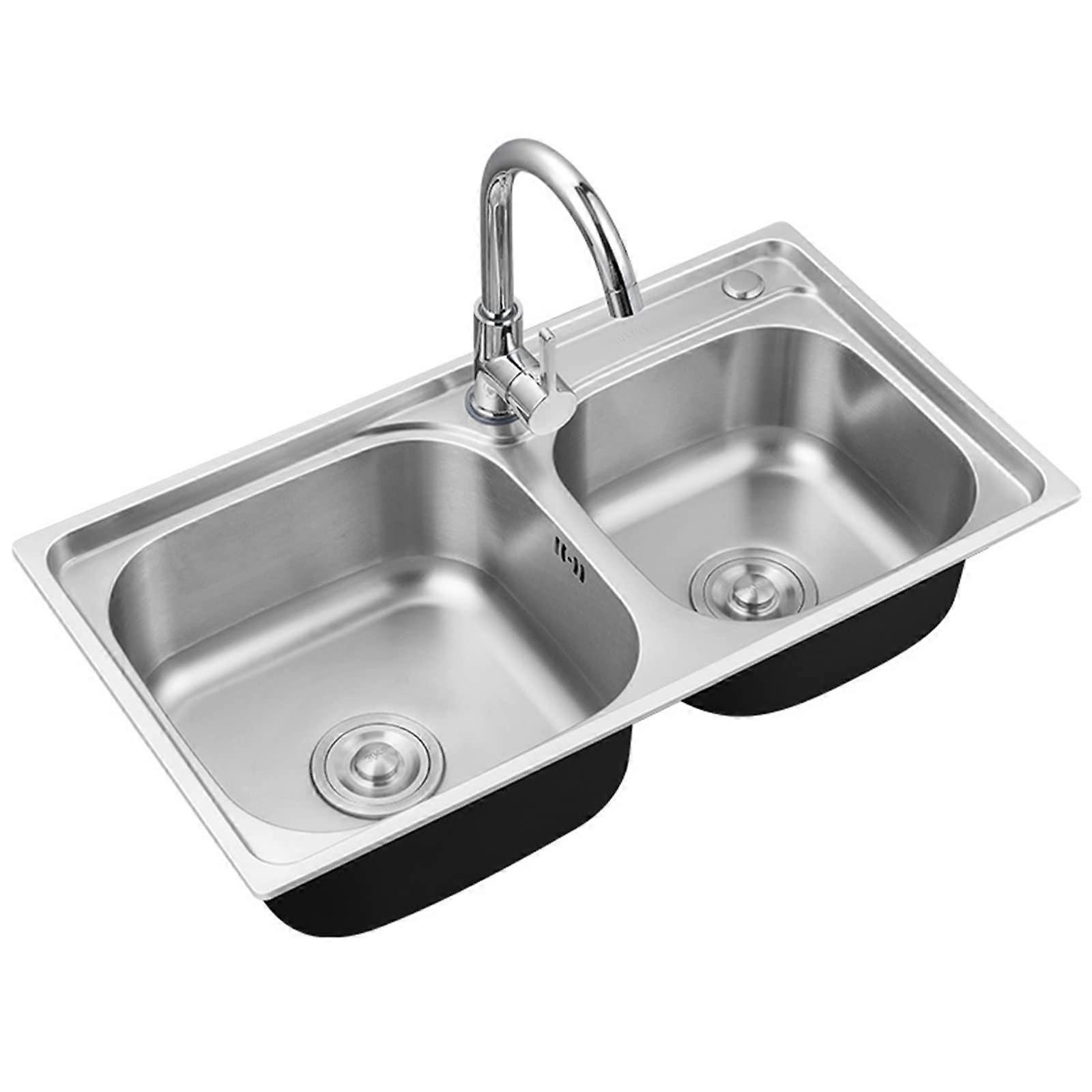 Doppelbeckenspüle Edelstahl Mit Wasserhahn Für Balkone Und Bars 81x43Cm Einbauspüle Mit Abflussset Silver