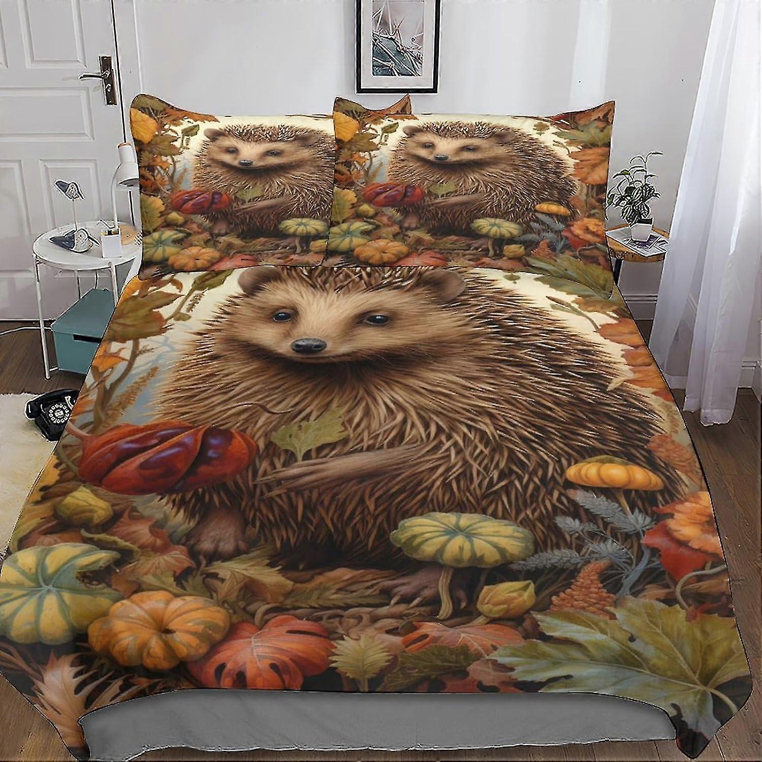 Conjunto de Capa de Edredom com Padrão de Ouriço para Crianças e Adolescentes Capa de Colcha de Microfibra Macia de 3 Peças com Fecho de Zíper