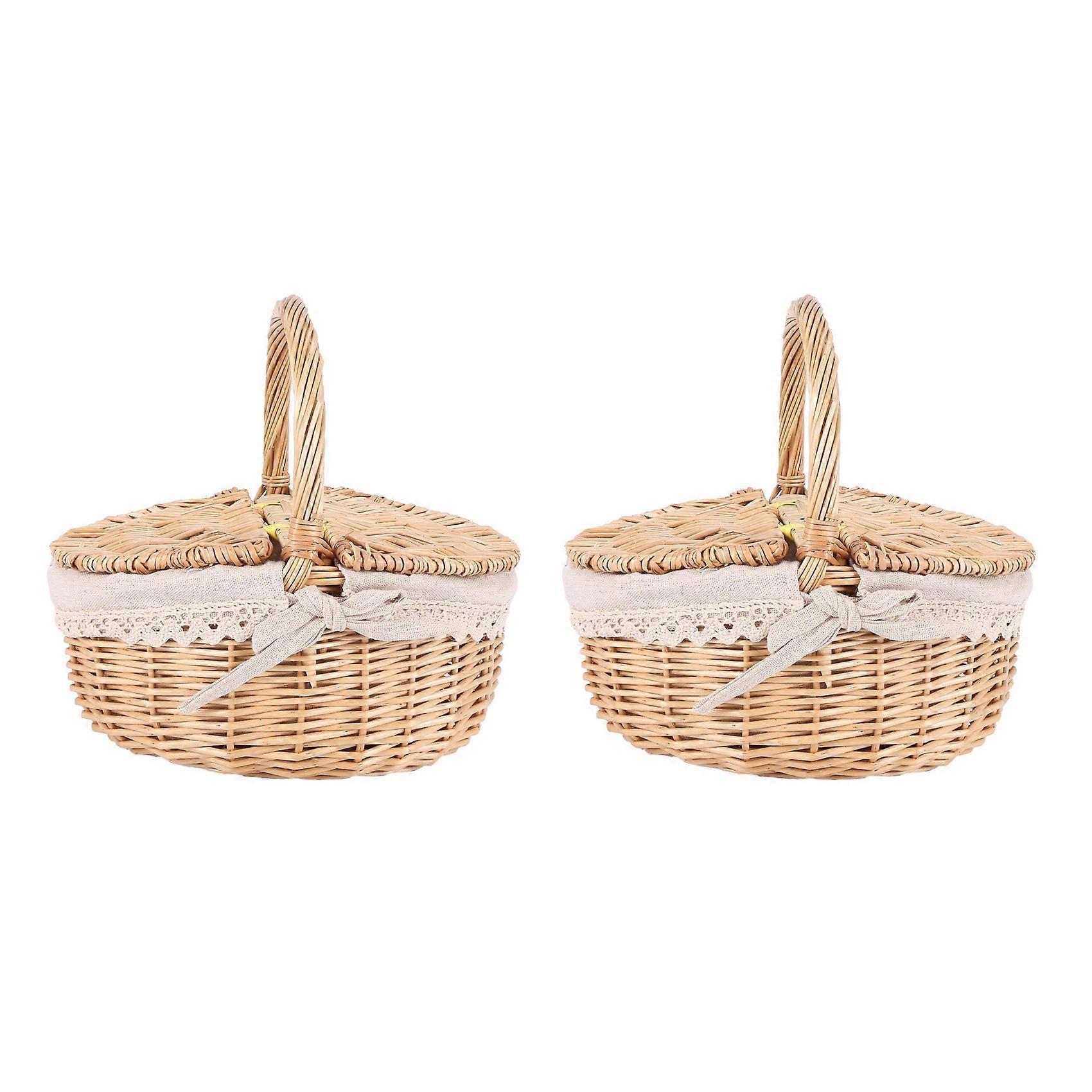 2X Handmade Wicker Basket with Handle Wicker Camping Picnic Basket with Double Lids Storage Hamper B