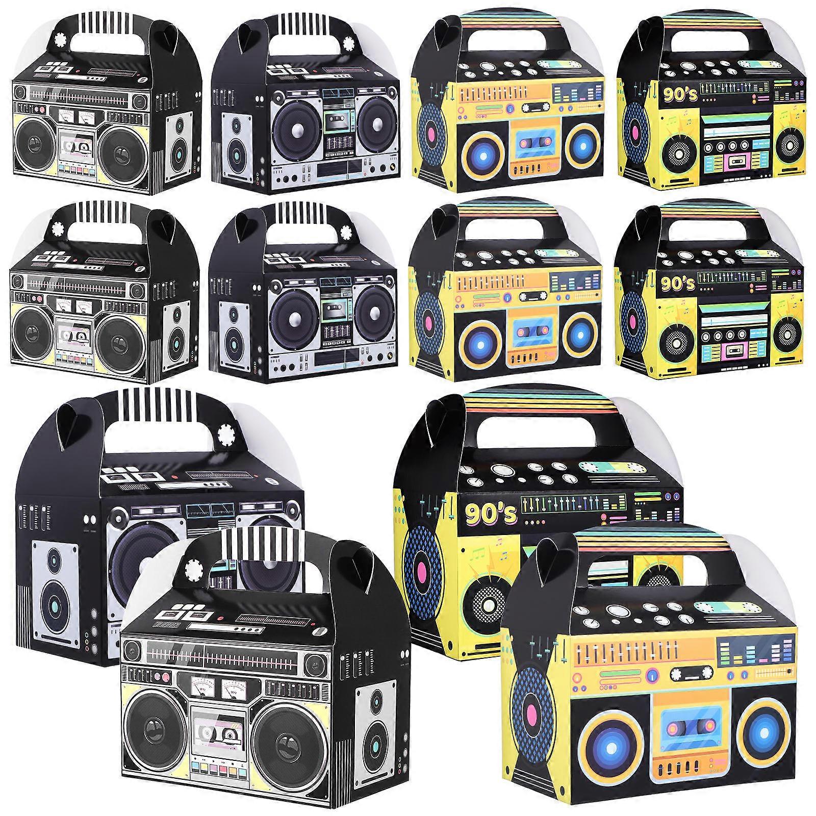Vintage Radio Design Cake Packaging Boxes with Handles 12pcs Party Favor Treat Boxes for Candy, Cupcakes, Disco Themed Party Supplies and