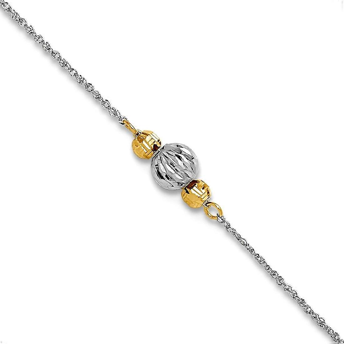 14k White Gold Ropa Two tone Polished Spring-Ring Sparkle Cut Bead With 1inch Ext Anklet 9 Inch-Anklet for Women