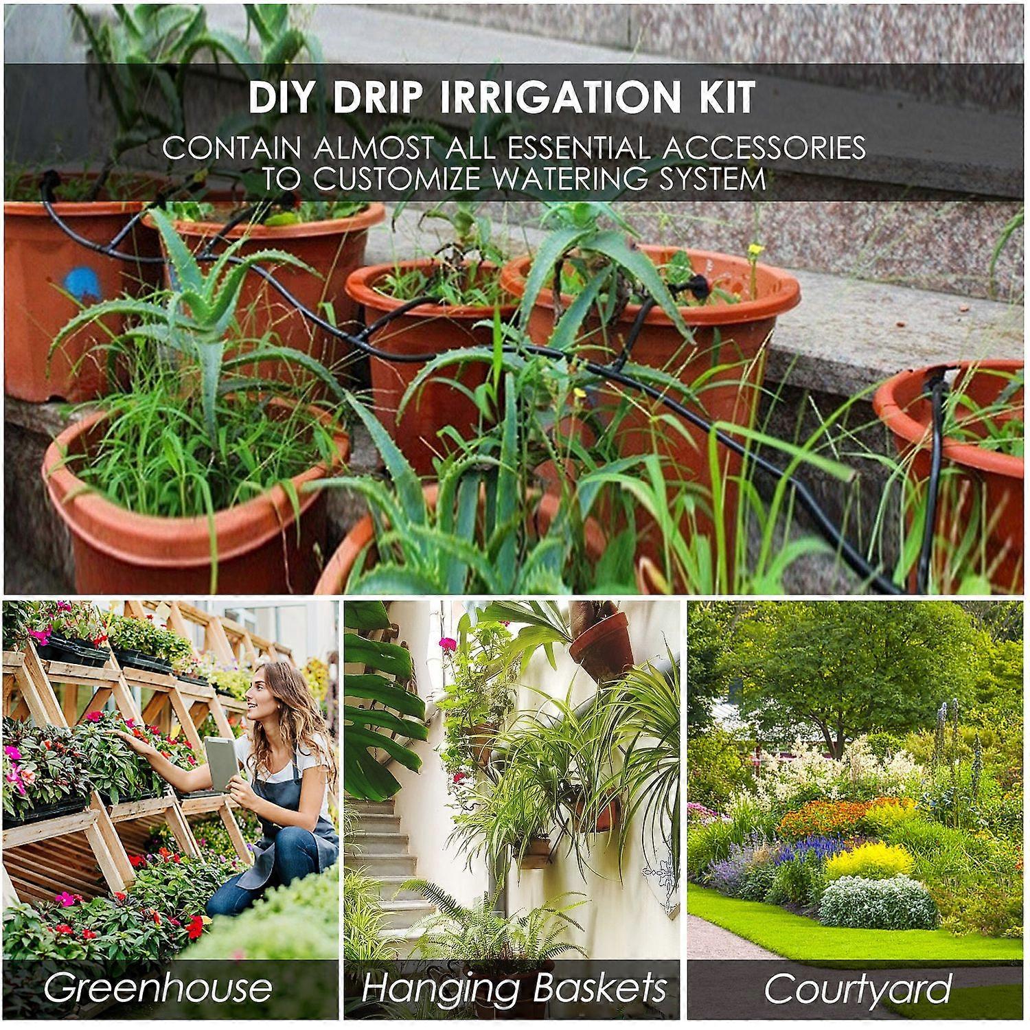 Plant Watering Drip Irrigation Kit DIY Watering System with Electronic Automatic Irrigation Timer Nozzles Misters Drippers 40 Meters Tubing for Garden