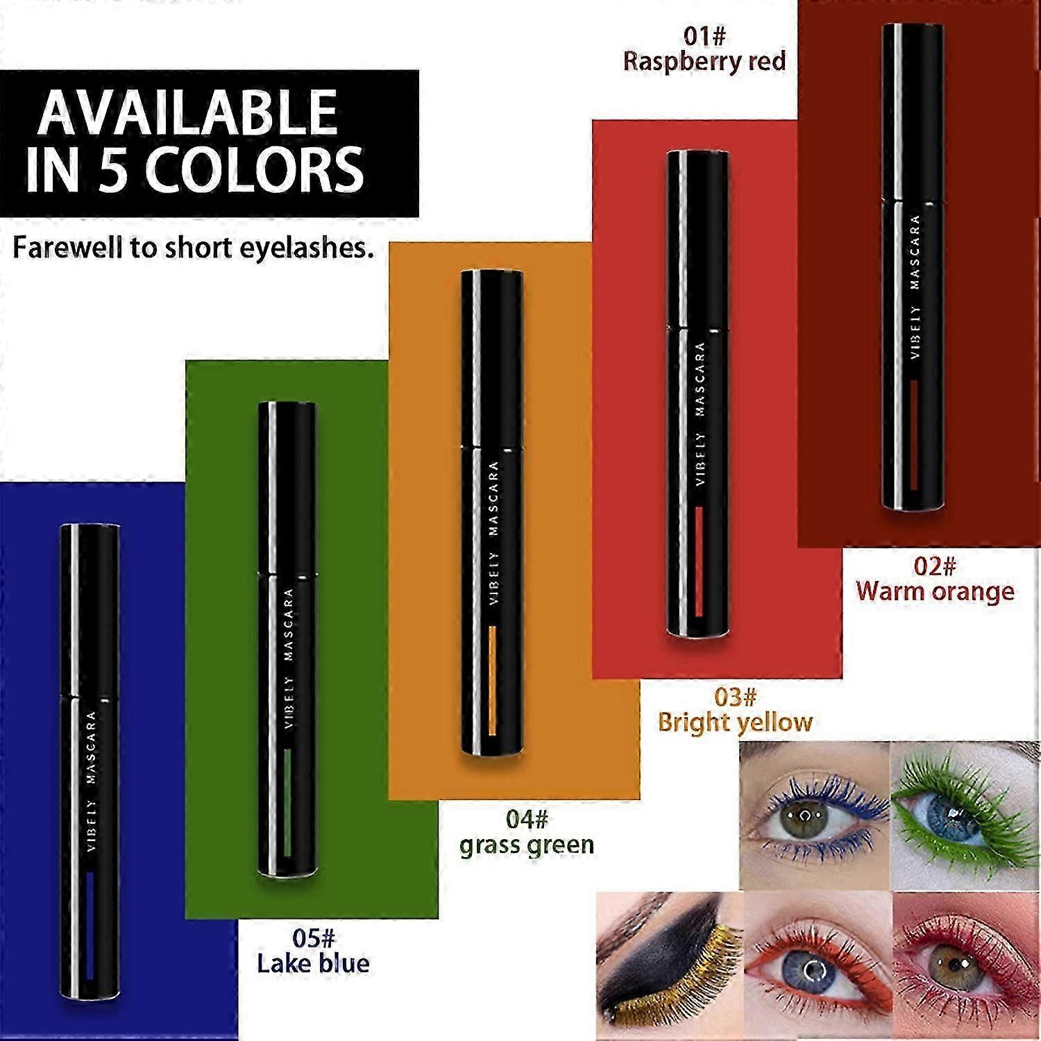 5 Colors Waterproof Color Mascara, Long Lasting Color Mascara,Natural FormulaYellow+Orange+Red+Green+Blue