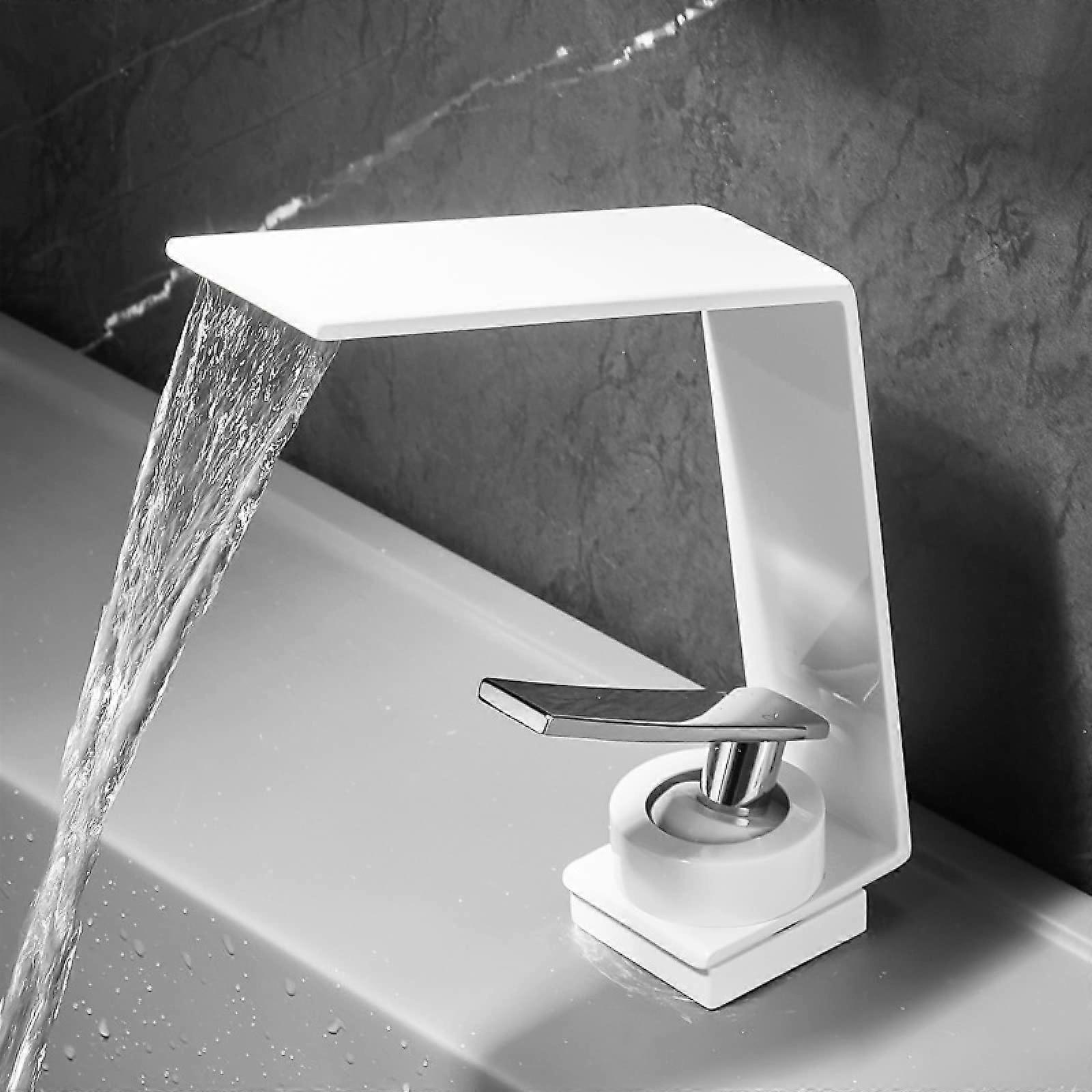 Waterfall Sink Faucet, Single Lever Hot and Cold Mixer, Single Handle Single Hole Bathroom Basin Faucet, White Finish
