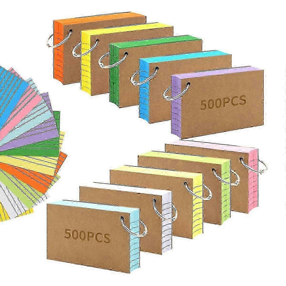 1000 PCS 3X5 Inches Colored Index Cards with Ring, Punched Lined Ruled Notecards