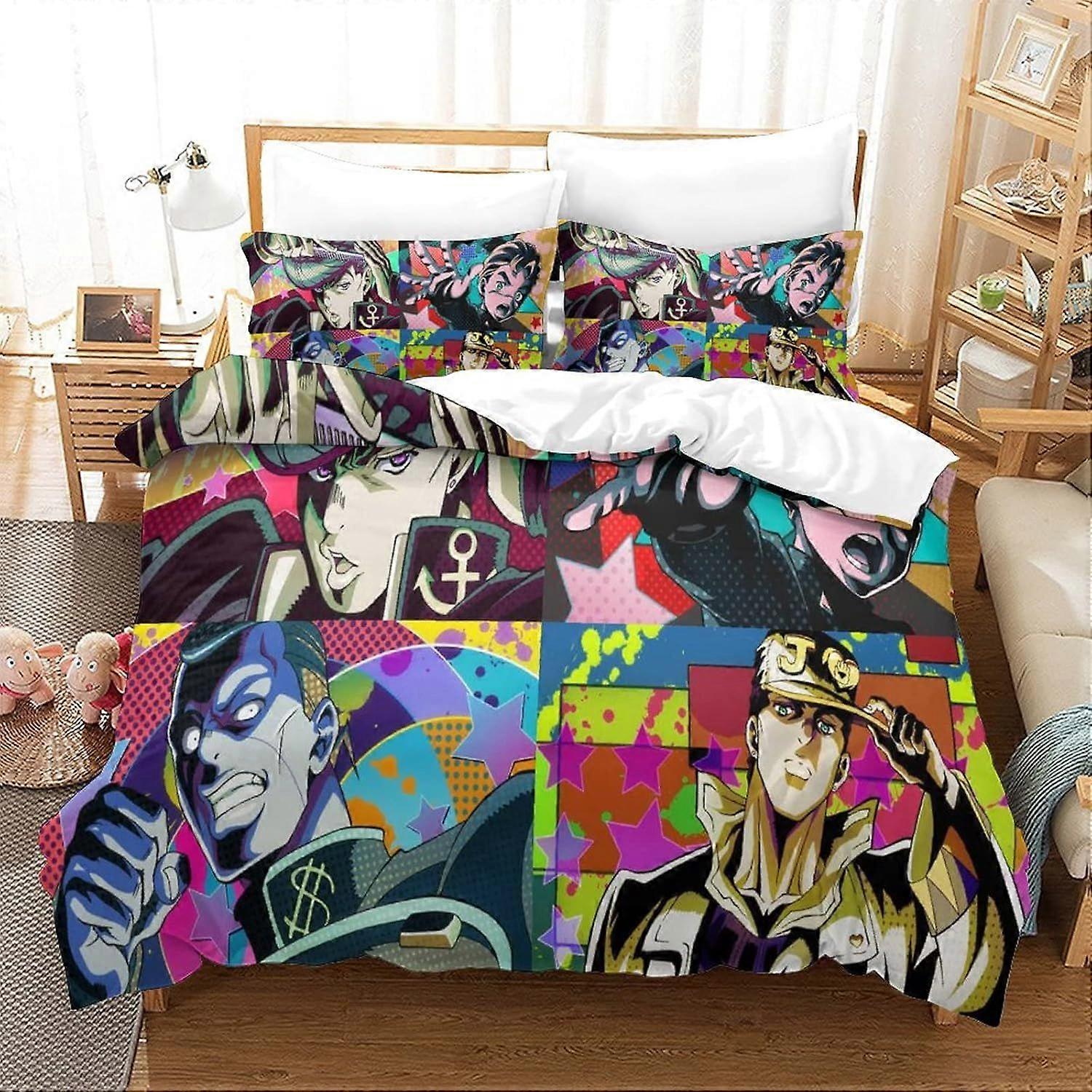 JoJo's Bizarre Adventure Ensemble de literie Personnages d'anime 3D Ensemble de housse de couette, Doux 100% Microfibre Ensemble de lit 3PCS, Imprimer Simple Double King Size Microfibre 