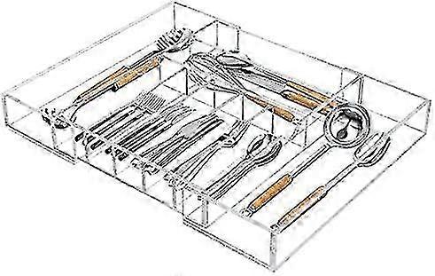 Expandable Kitchen Drawer Organizer for Flatware and Utensils, Clear Acrylic Adjustable Silverware Tray for Drawer,Office, Supplies-9 Compartment