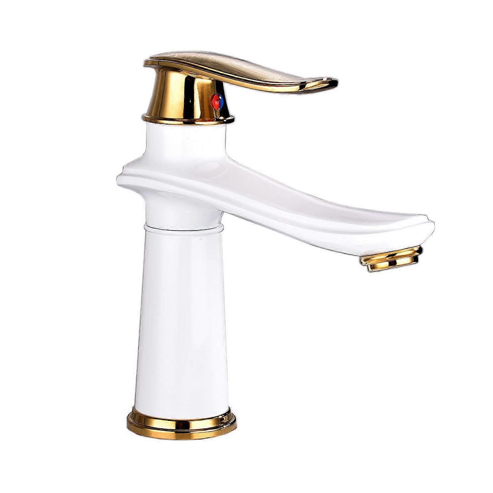 Gold and White Bathroom Faucet Single Handle Basin Mixer Tap Hot Cold Deck Mounted for Modern Sink