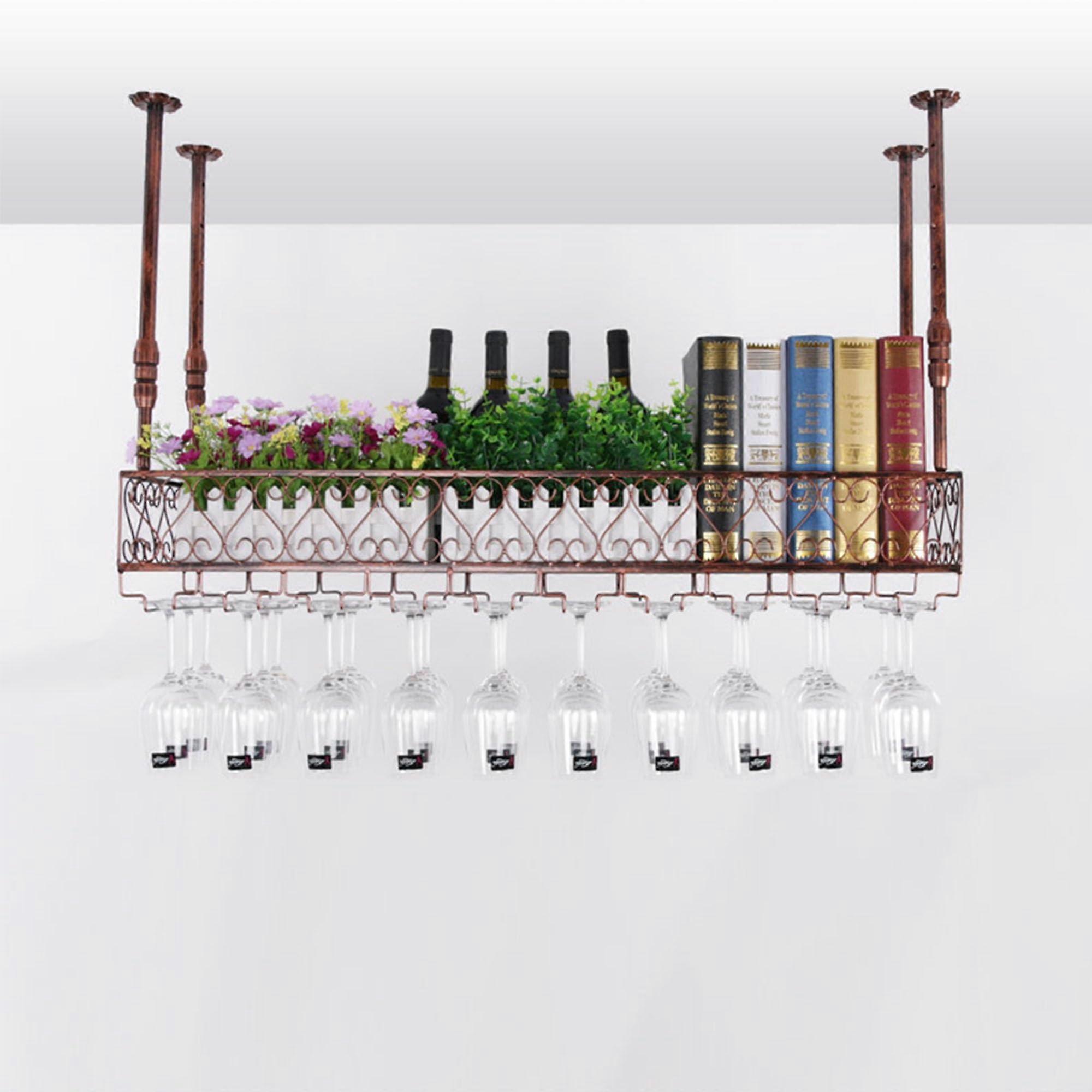 Wall Mounted Wine Rack with Glass Holder Floating Bar Shelf for Liquor Bottles Home Kitchen Copper 100cm