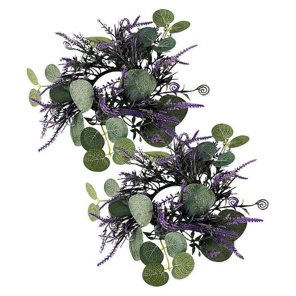 Versatile Plastic Candle Ring Wreath with Eucalyptus and Lavender for Decor Multi Color 2 Pcs