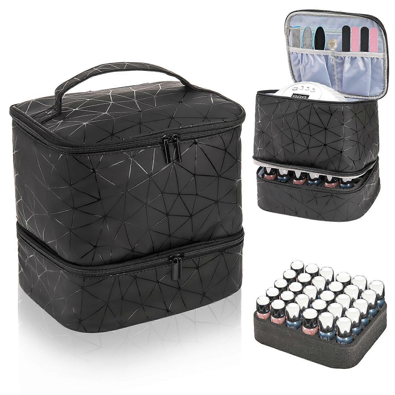 Nail Polish Organizer Bag, DoubleLayer PU Leather Storage Case with Handle for Manicure Accessories