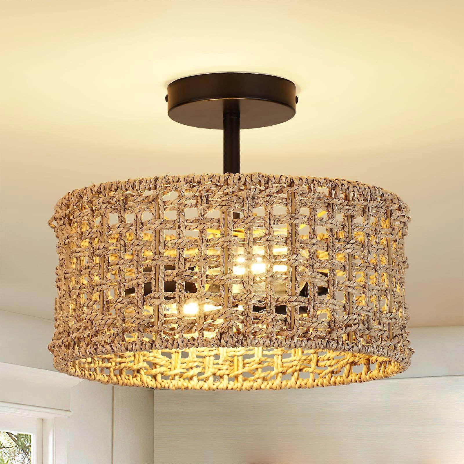 Boho Rattan Ceiling Light with Handwoven Shade, 12.6' Rustic Farmhouse Semi Flush Mount Fixture