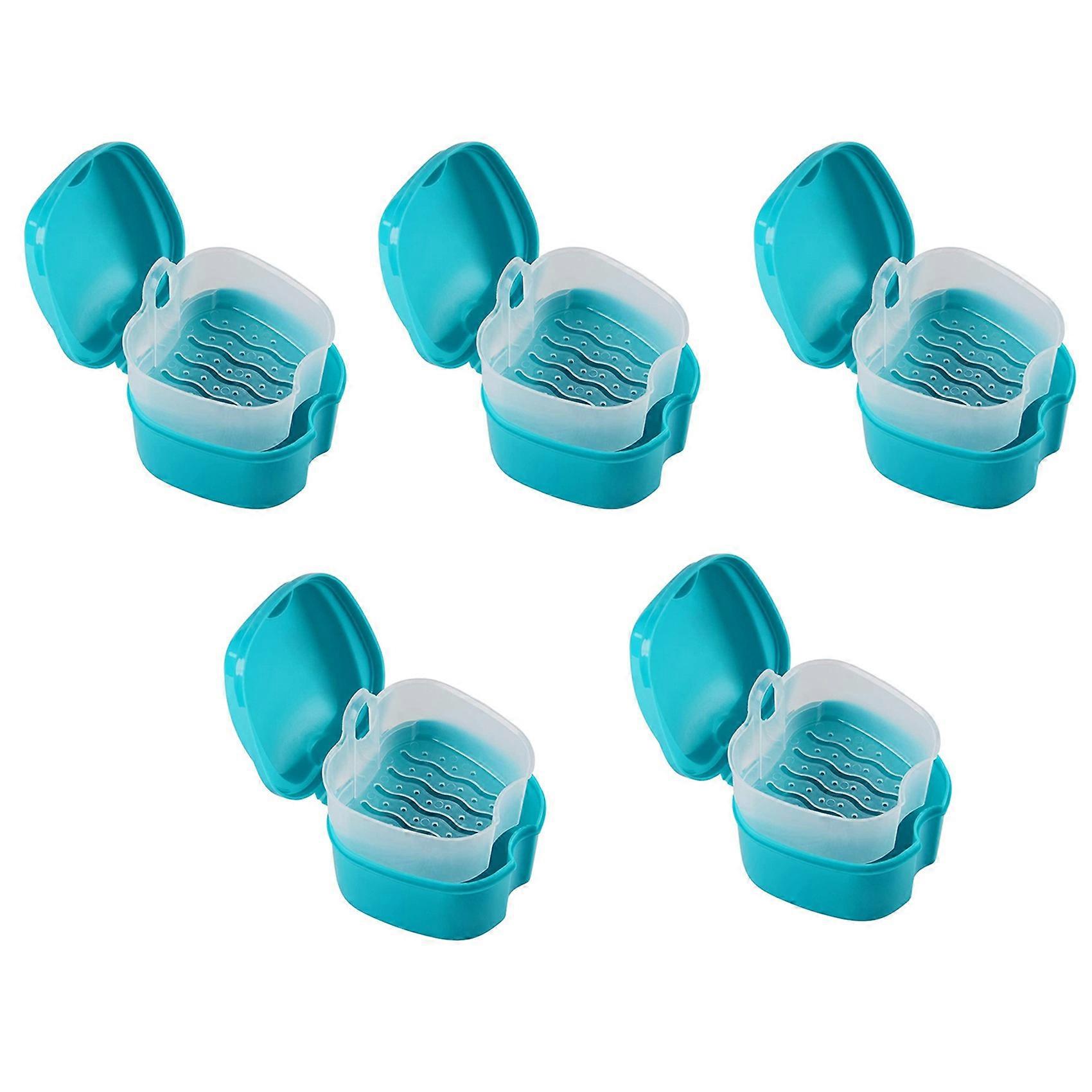 5X Blue Denture Case, Denture Cup with Strainer, Denture Bath Box False Teeth Box with Basket Net Container Holder