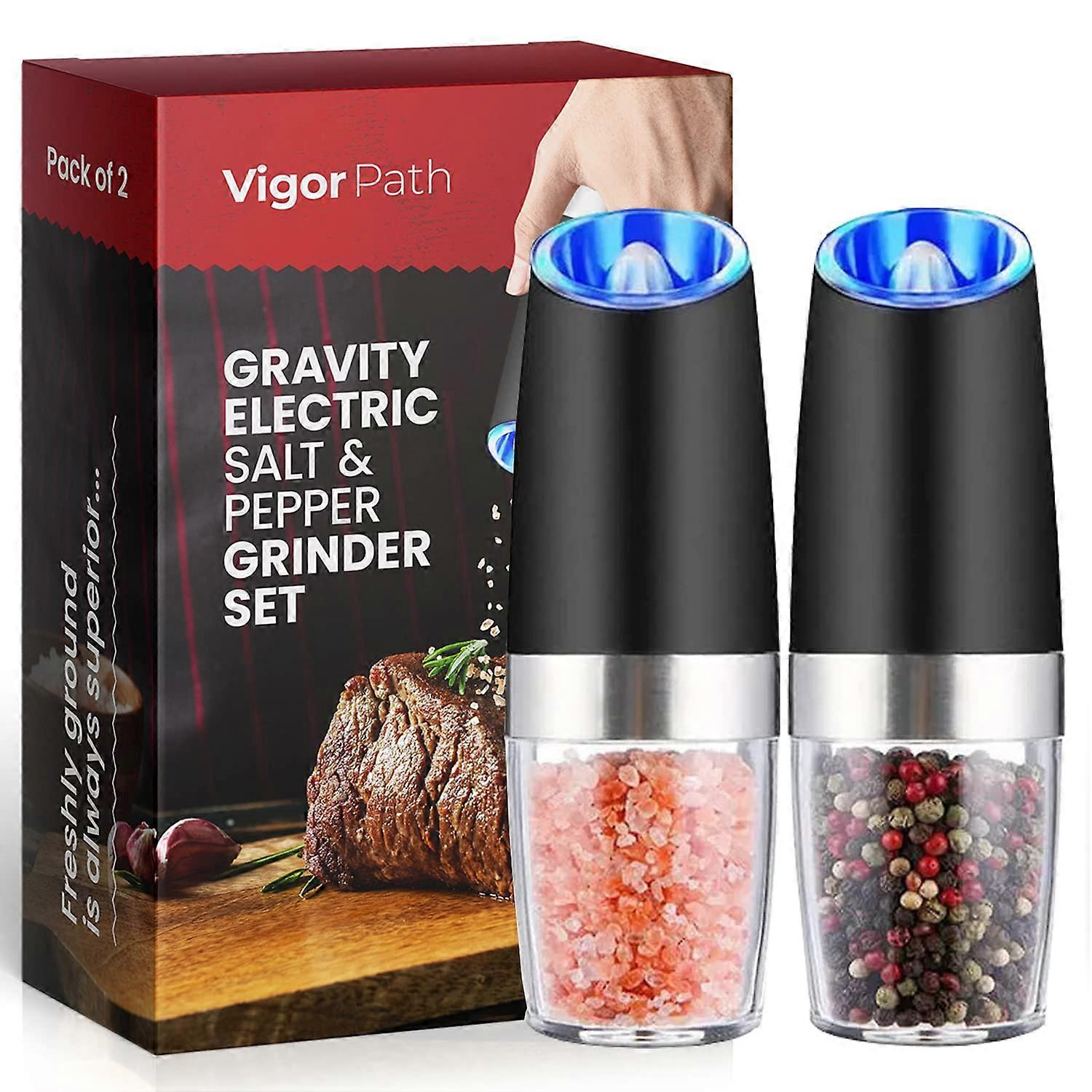 Electric Salt and Pepper Grinder Set with LED Light, Gravity Sensor, Adjustable Coarseness, Black