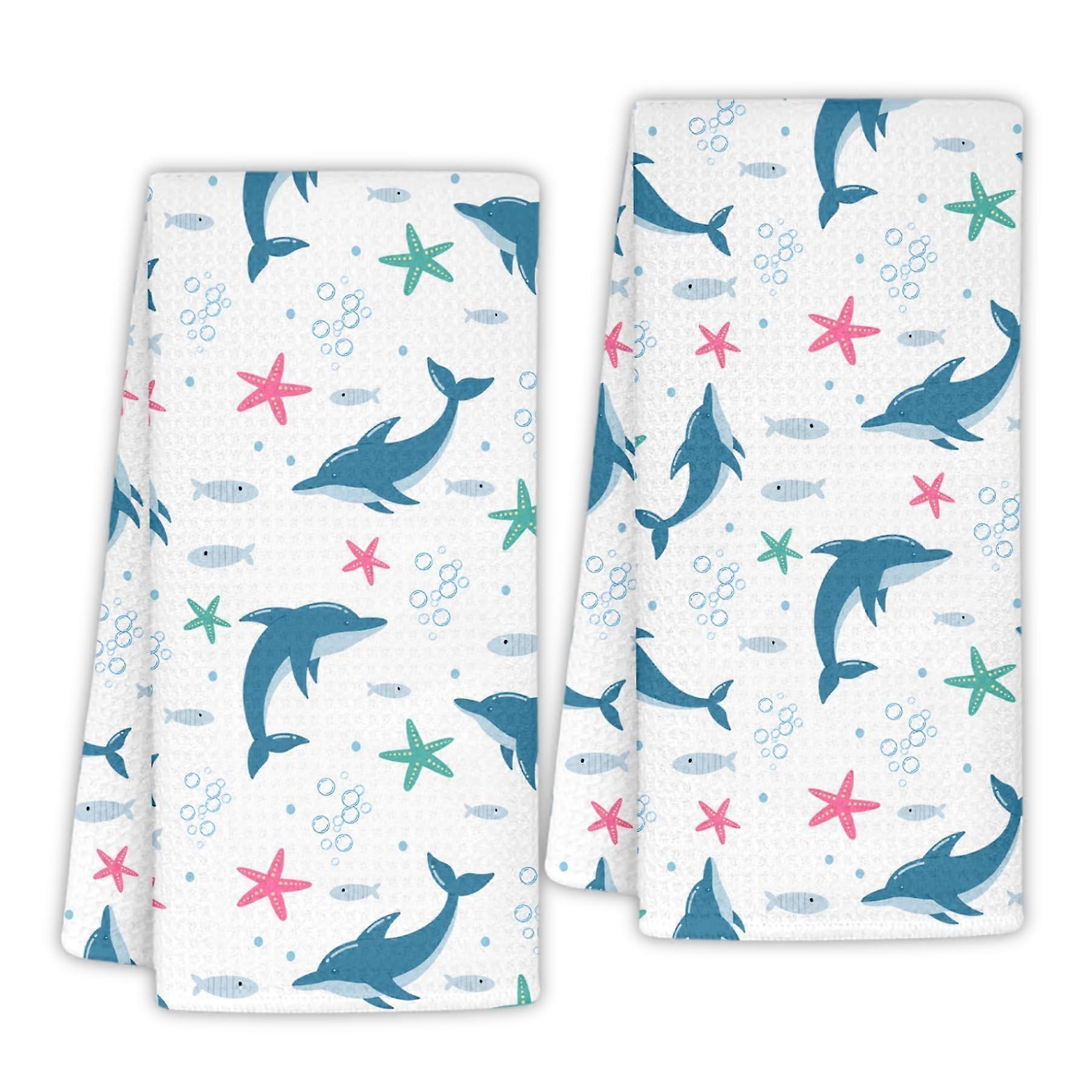 Dolphin Kitchen Towel Set 2 Pack, Soft WaffleKnit Microfiber Dish Towels, Quick Spill Absorption