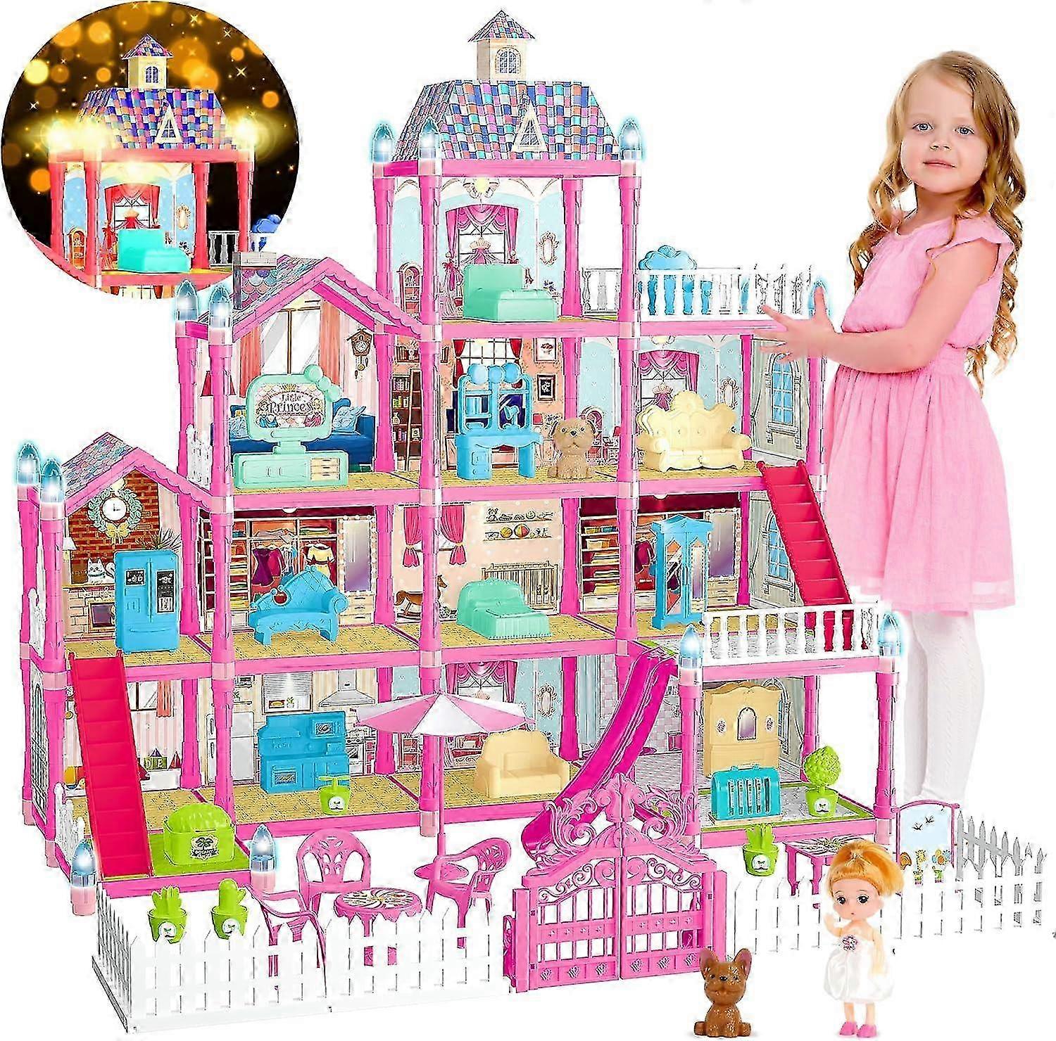 Casa de bonecas dos sonhos 2025 para meninas com boneca, acessórios e luz LED.