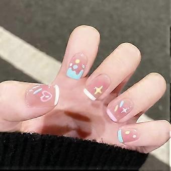 Press On Nails Short French Tip Glossy Pink Square Fake Nails 24pcs Glue On Acrylic False Nail Set