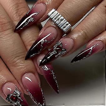 Goth Burgundy Press on Nails Acrylic Rhinestone Long Stiletto Shape Glue Set 24pcs