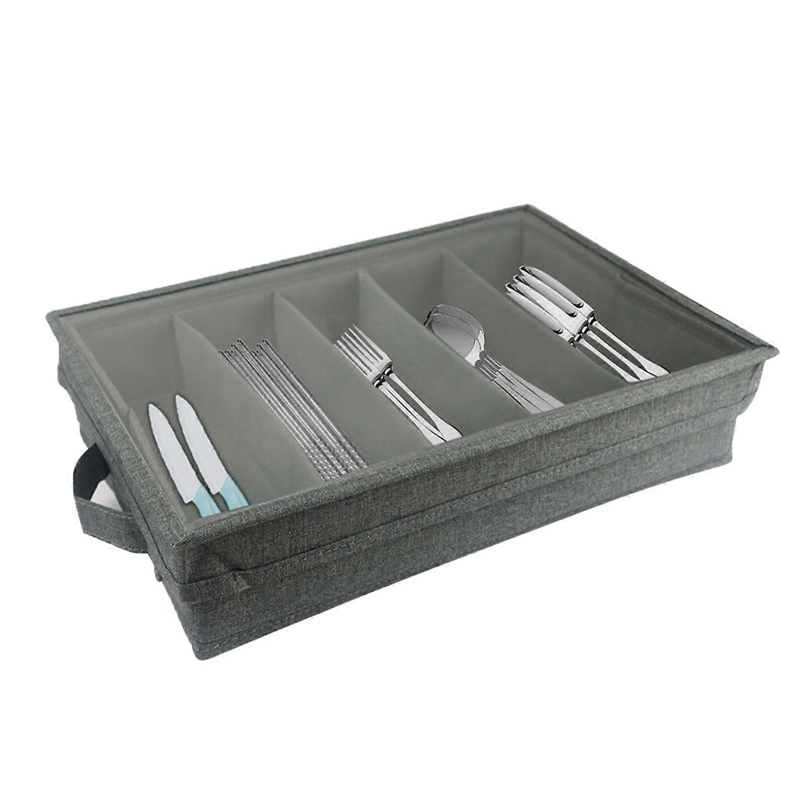 Flatware Storage Box with Adjustable Dividers, Foldable Silverware Organizer with Transparent Lid