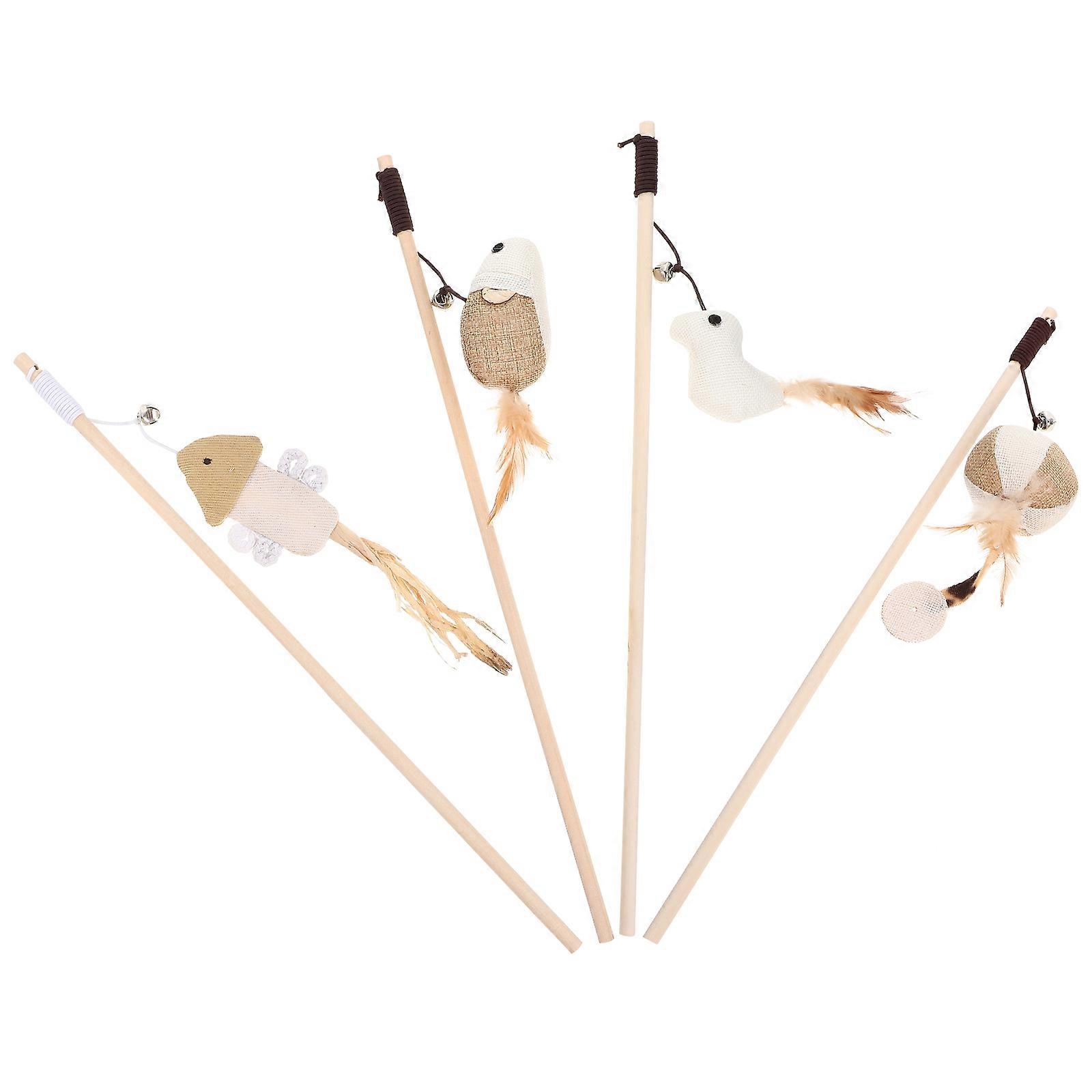 Interactive Cat Teasers Wood Stick Wear-Resistant Cat Playthings 4Pcs Set