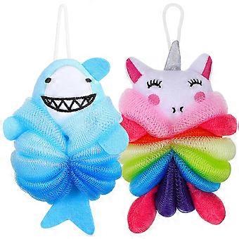 2pcs Bath Shower Loofahs Body Wash Sponge Cartoon Shark Unicorn Exfoliating Shower Sponges for Kids