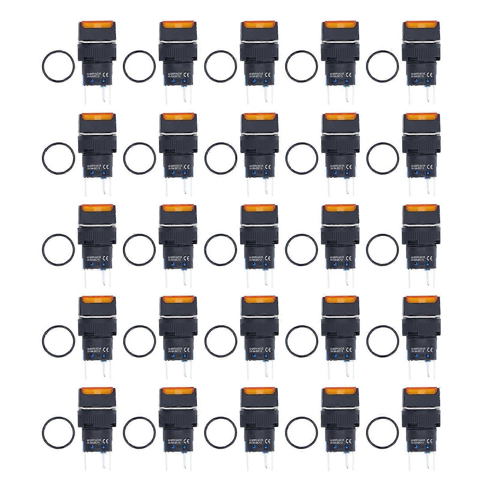 25Pcs Push Button Switch Momentary Self Locking 16mm Square with Light Set Kit 12VYellow