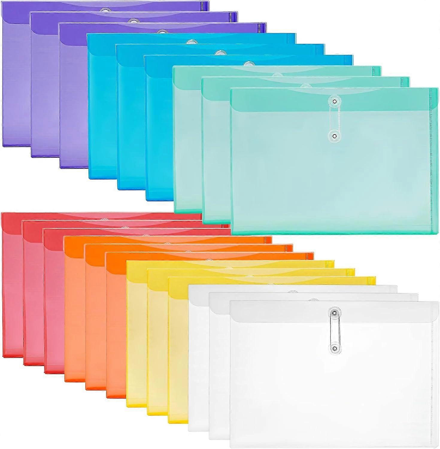 21Pcs Plastic Envelopes with Button String Tie Closure,Reusable Plastic File Folders 14.57x10.24Inch Side Opening Folder Pocket(Assorted Colors)