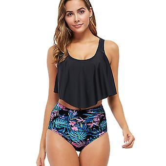 Veeki Swimsuits for Women Two Piece Bahting Suits Double Ruffled Swim Top High Waisted Bottoms Swimswear Bikini, Black02, 3XL