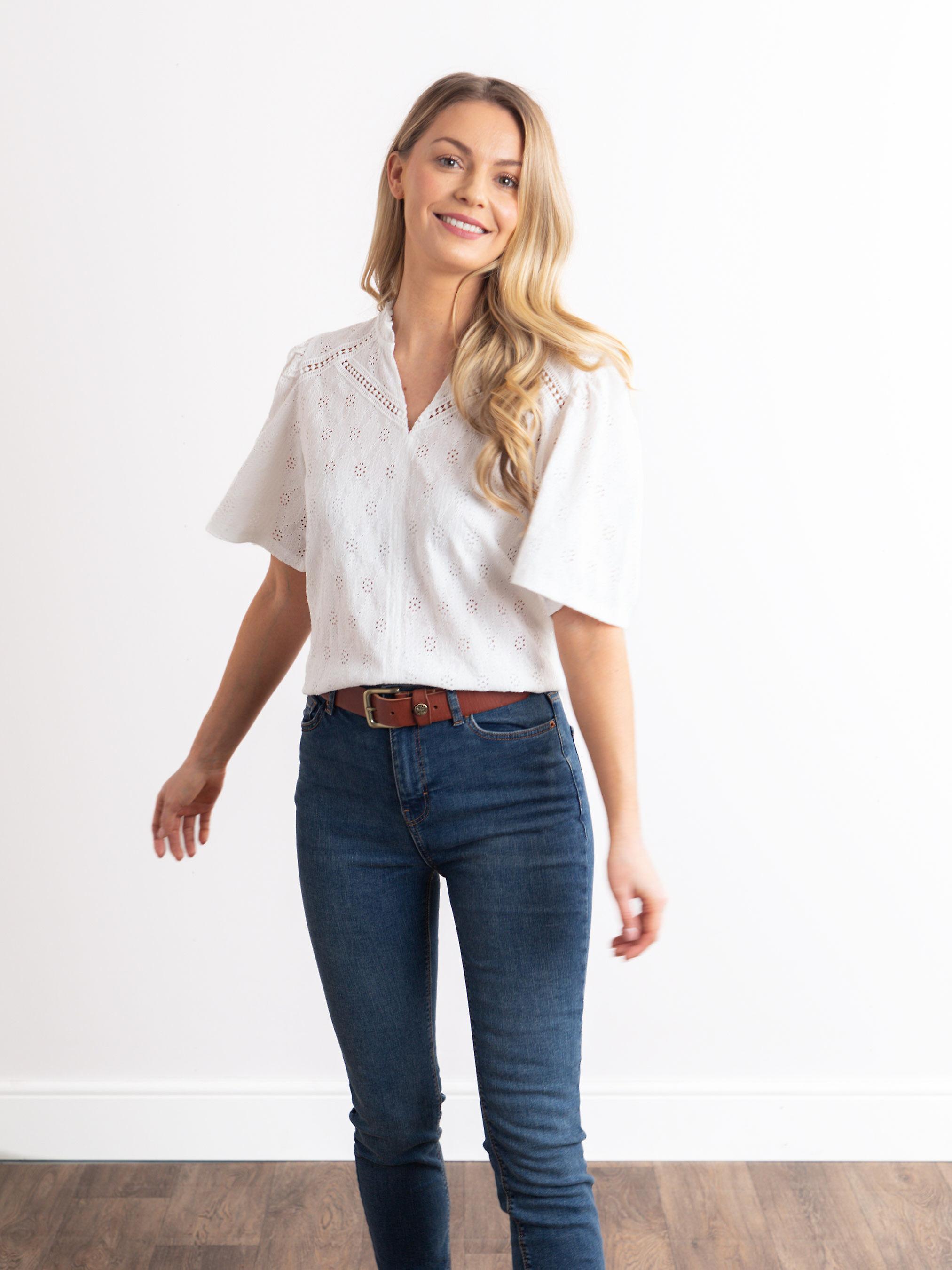 Sasha Pointelle Short Sleeve Blouse in White
