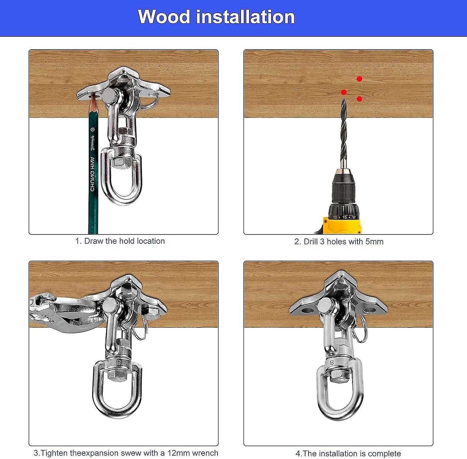 Hook, SUS304 Stainless Steel 450kg Capacity 360° Swivel, Concrete Wood Ceiling Set Hammock Hook Kit