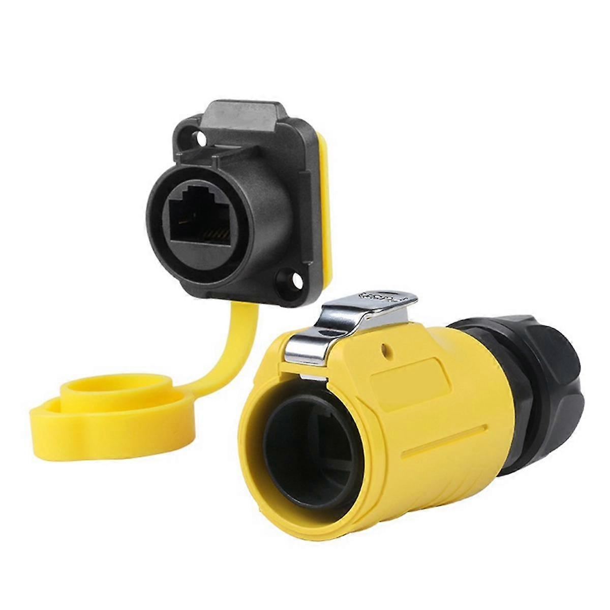 LP-20 RJ45 Connector Set CAT6 IP68 Waterproof RJ45 Panel Mount Two Holes Socket Plug Network Cable Adapter Yellow