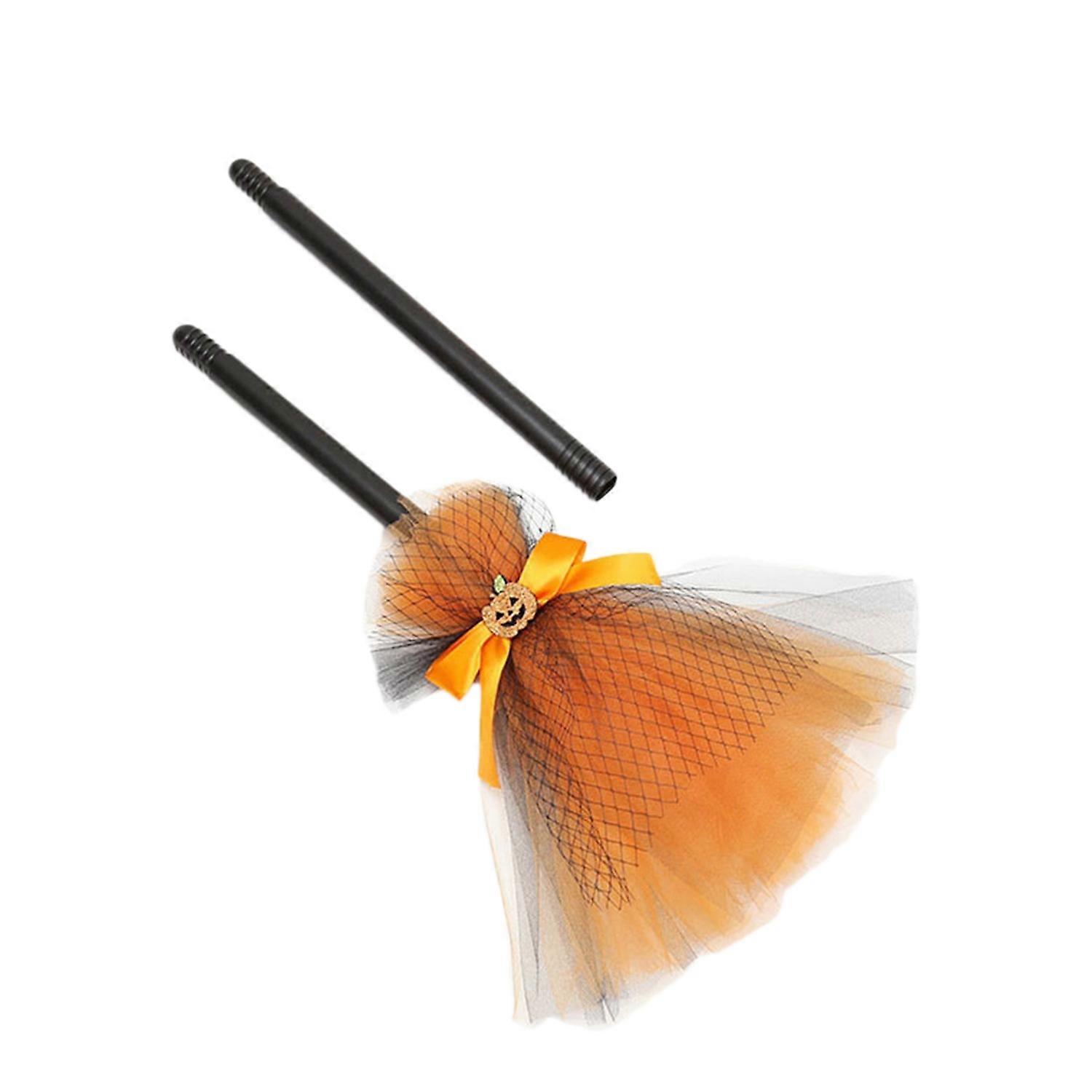 Halloween Witch Broom Adjustable Length Fun Props Exquisite Cosplay Bow Mesh Broom Home Party