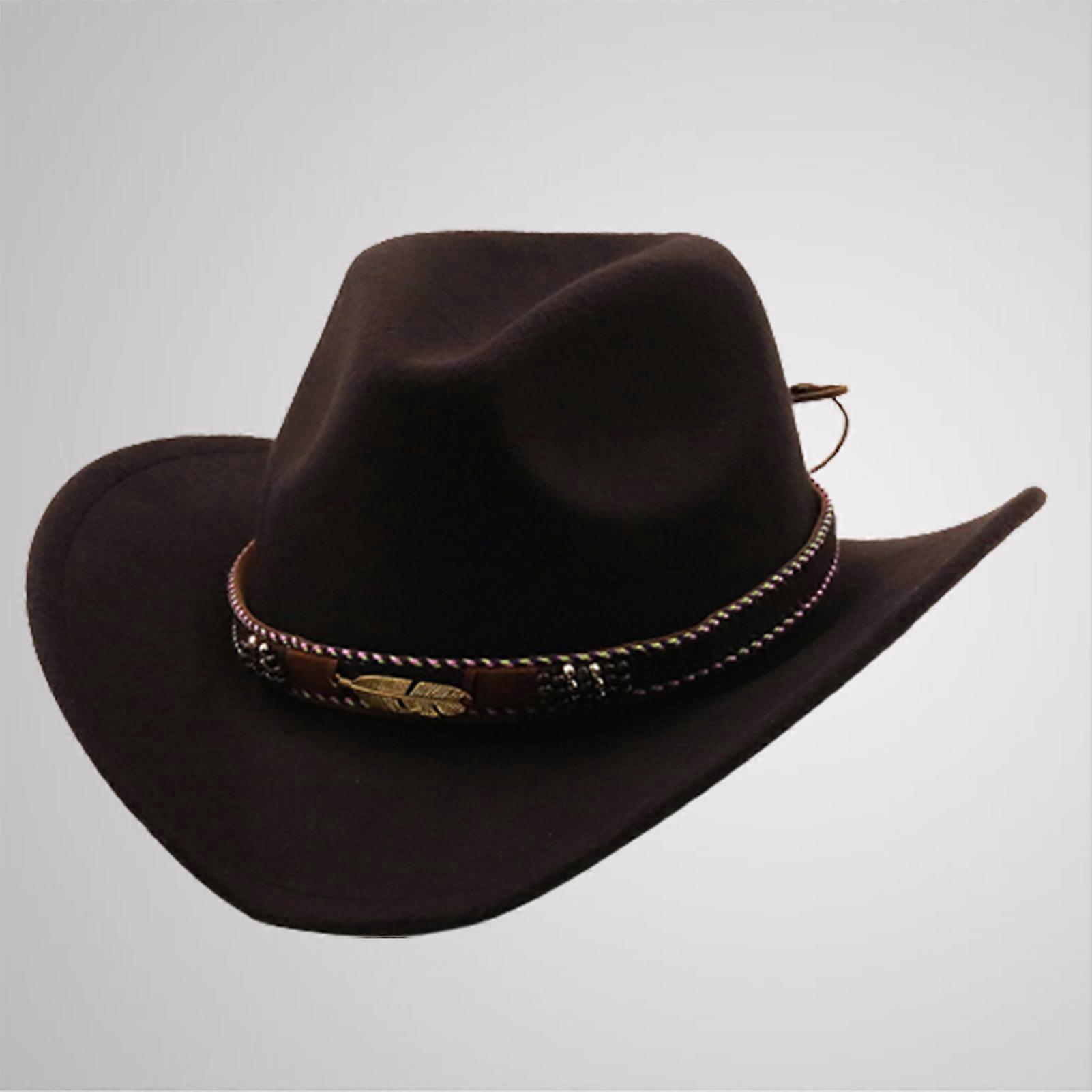 Unisex Classic Wide Brim Cap with Metal Leaf Belt Cowboy Woolen Hat for Party Cosplay Stage Show