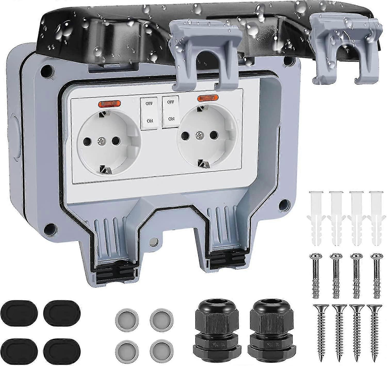 Outdoor Socket Outlet Surface-mounted, Ip66 Weatherproof Thickened Wall Socket With Switch Indicator Light 2 Compartment Outdoor 16a Garden Socket Wit