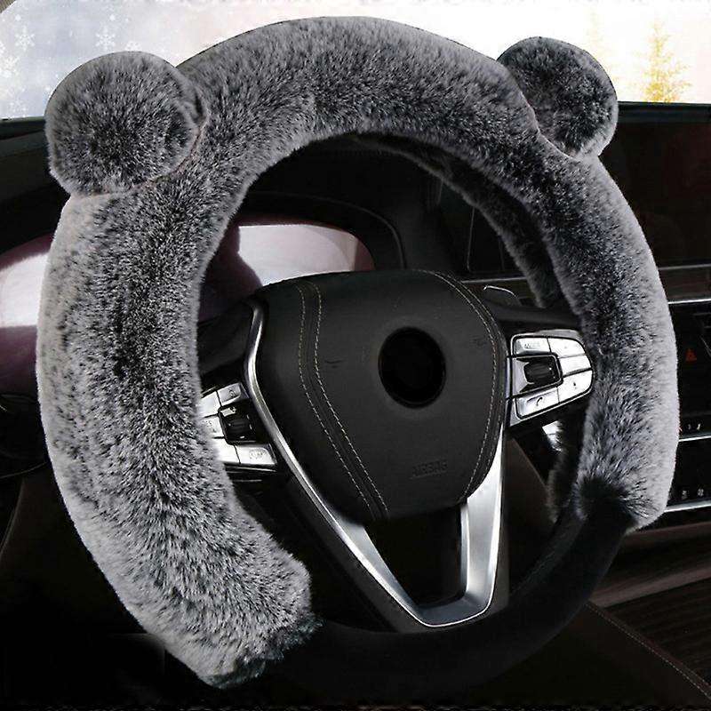 Bärenpelz Plüsch Lenkradabdeckung Passend für Räder 14,5 - 15 Zoll Grau - mit Ohren - Niedlicher Kunstwollschutz für Frauen Mädchen