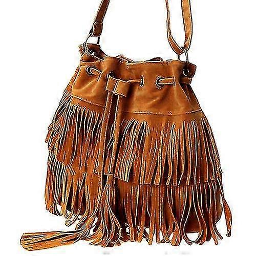 Fashion Solid Color Women Fringe Drawstring Suede Crossbody Shoulder Bucket Bag