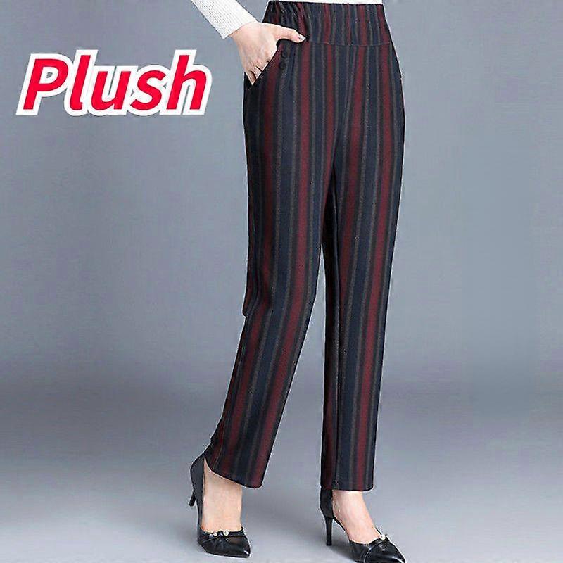 Women Winter Thickened Plush Warm Casual Pants High Waist Loose Striped Trousers 6XL