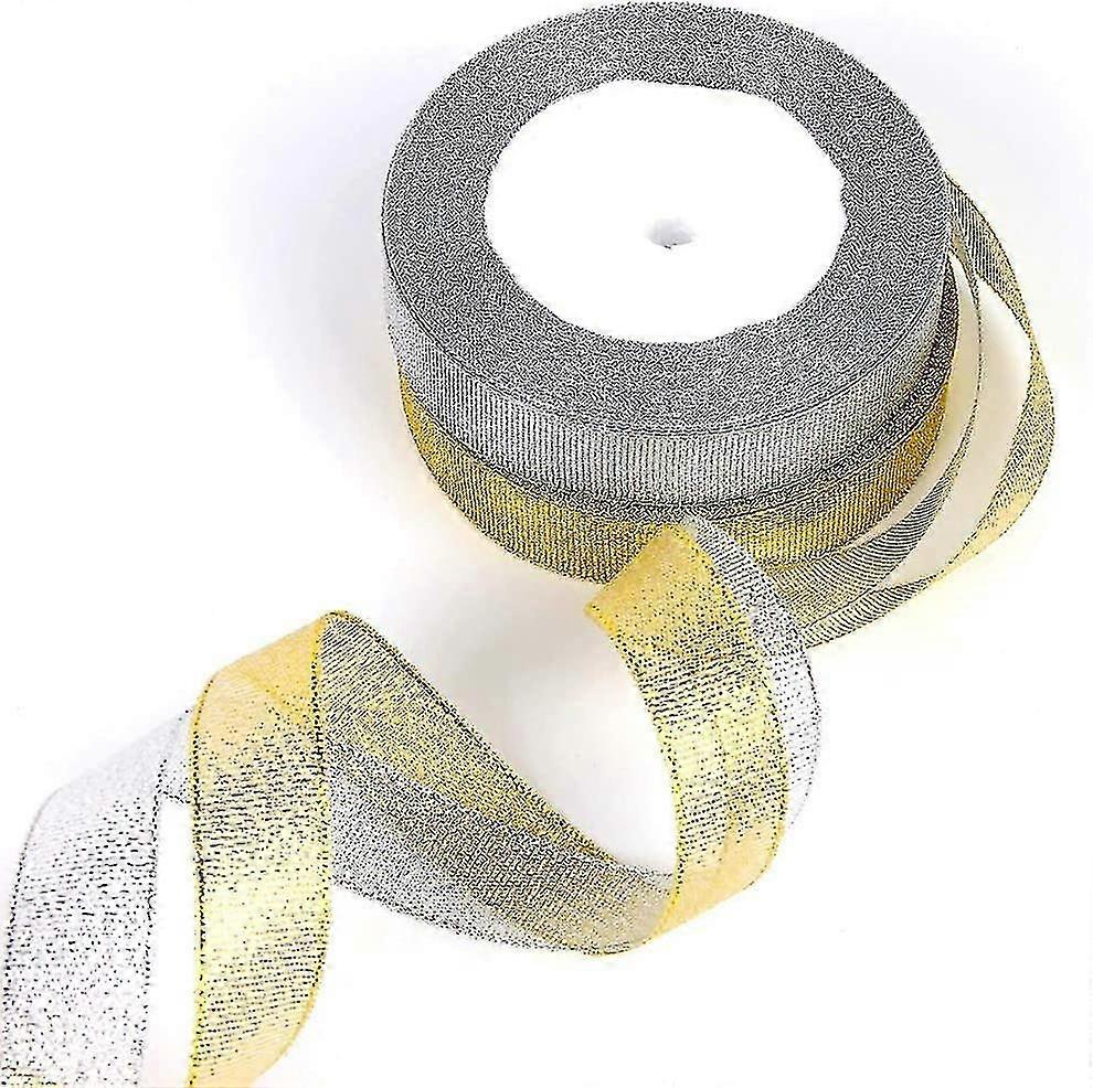Ribbon, Metallic - Finish, Gold and Silver Colors, Roll - Packed, Ideal for Decorations and Crafts