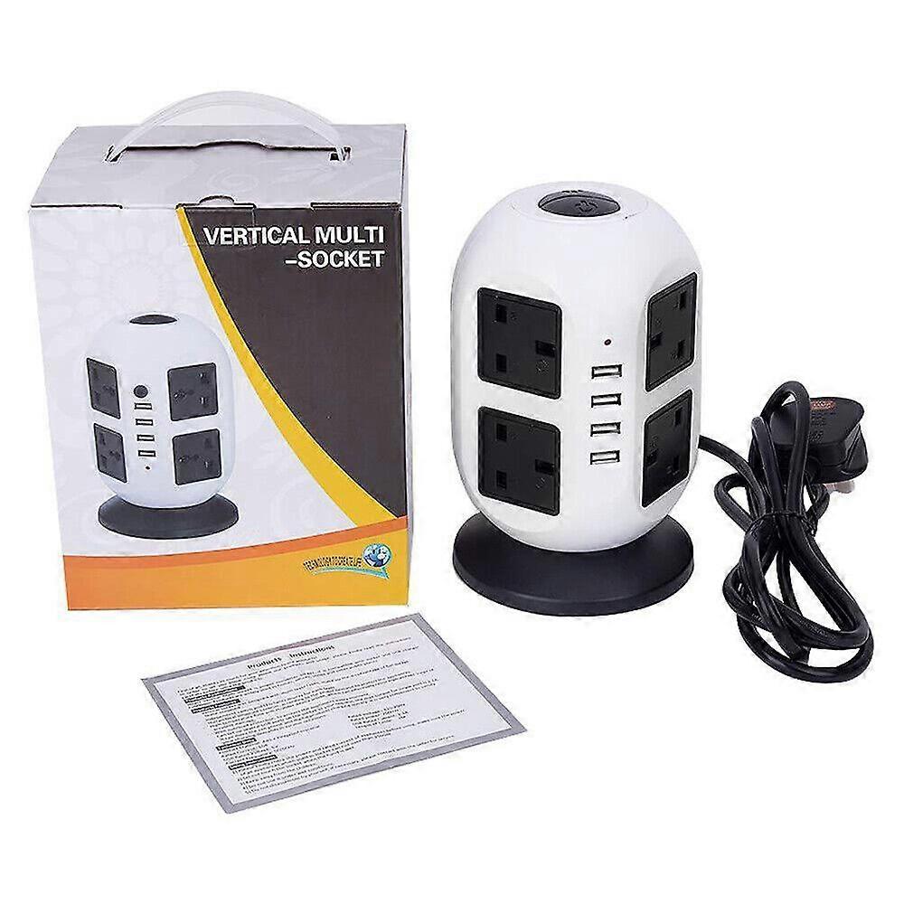 8 Way Switched Surge Protected Tower Extension Lead UK Mains Plug Socket 4 USB