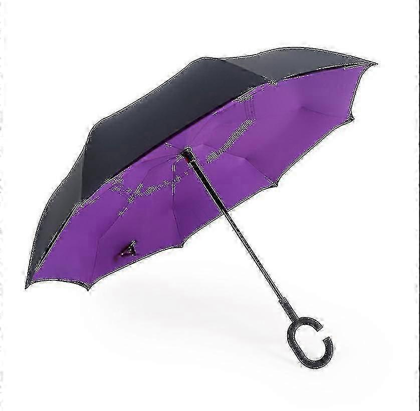 C- Parasol Folding Rain Windproof Umbrella Double Layers Inverted Reverse--purple