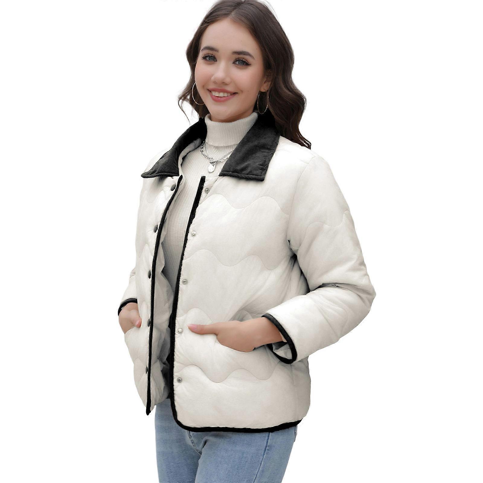 Women Lightweight Quilted Long Sleeve Parka Jacket Button Down Colorblock Lapel Collar Padded Coat Outwear with Pockets White XL