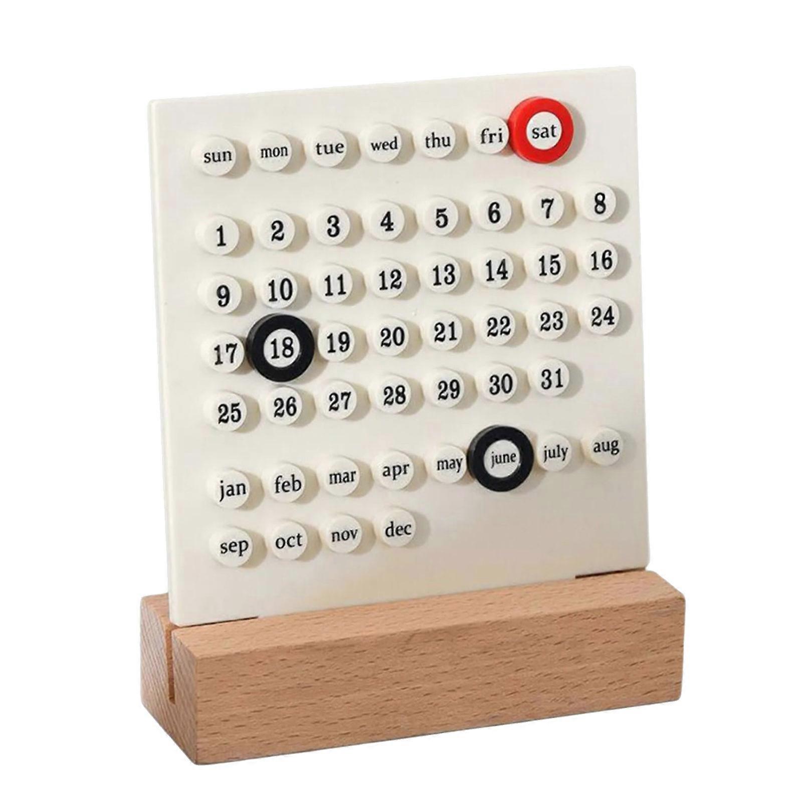 Monthly Permanent Calendar with Wood Base Desktop ABS Permanent Calendar Countdown Reminder for Office Desk Decoration White