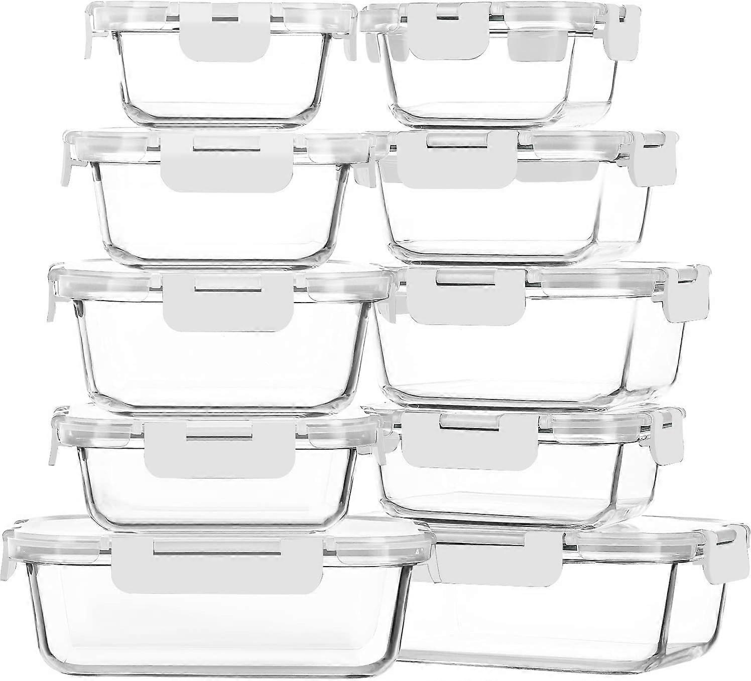 10-Pack Airtight Glass Food Storage Containers with Lids, Microwave Oven Freezer Safe Bento Boxes, White Meal Prep Storage