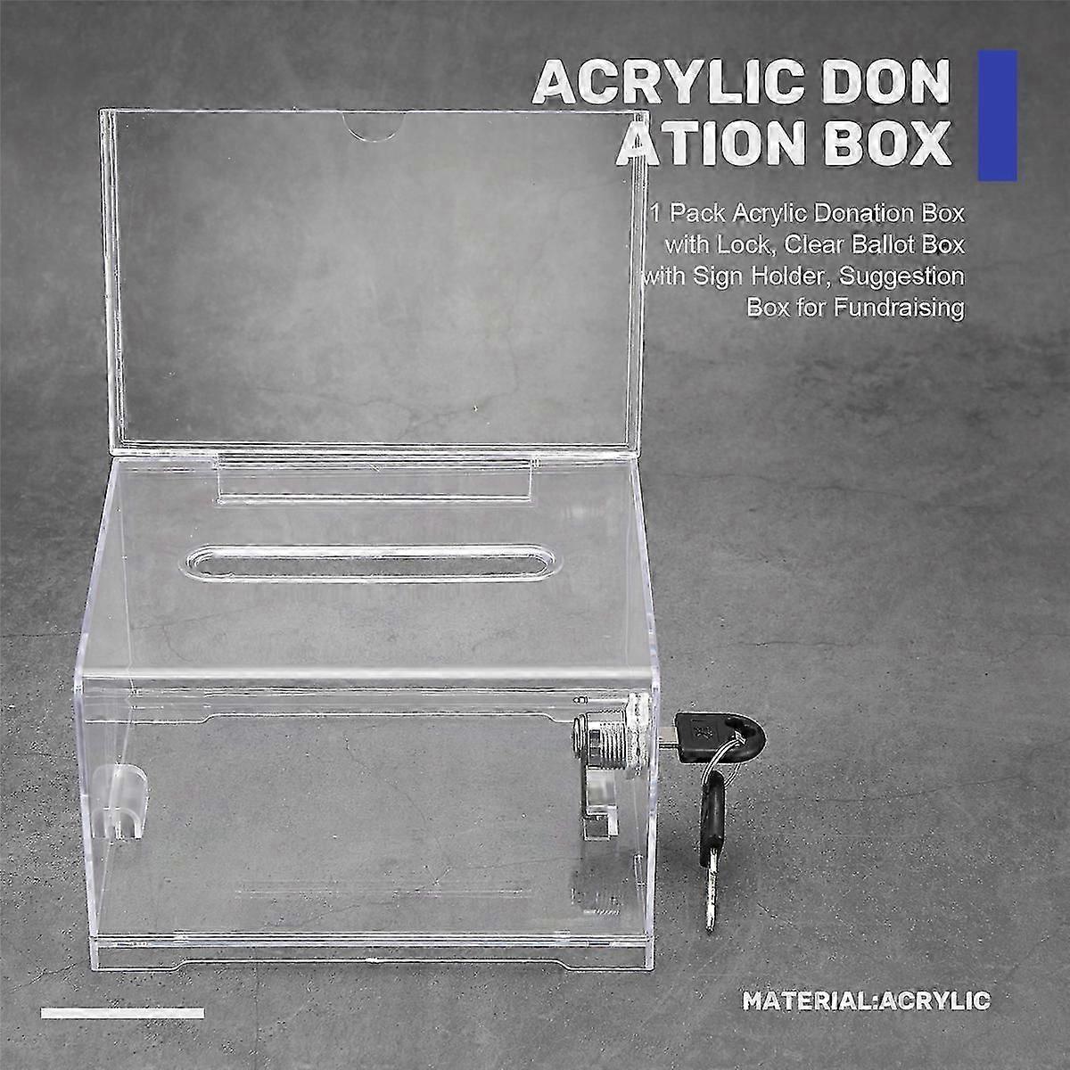 1 Pack Acrylic Donation Box with Lock, Clear Ballot Box with Sign Holder, Suggestion Box for Fundrai PO