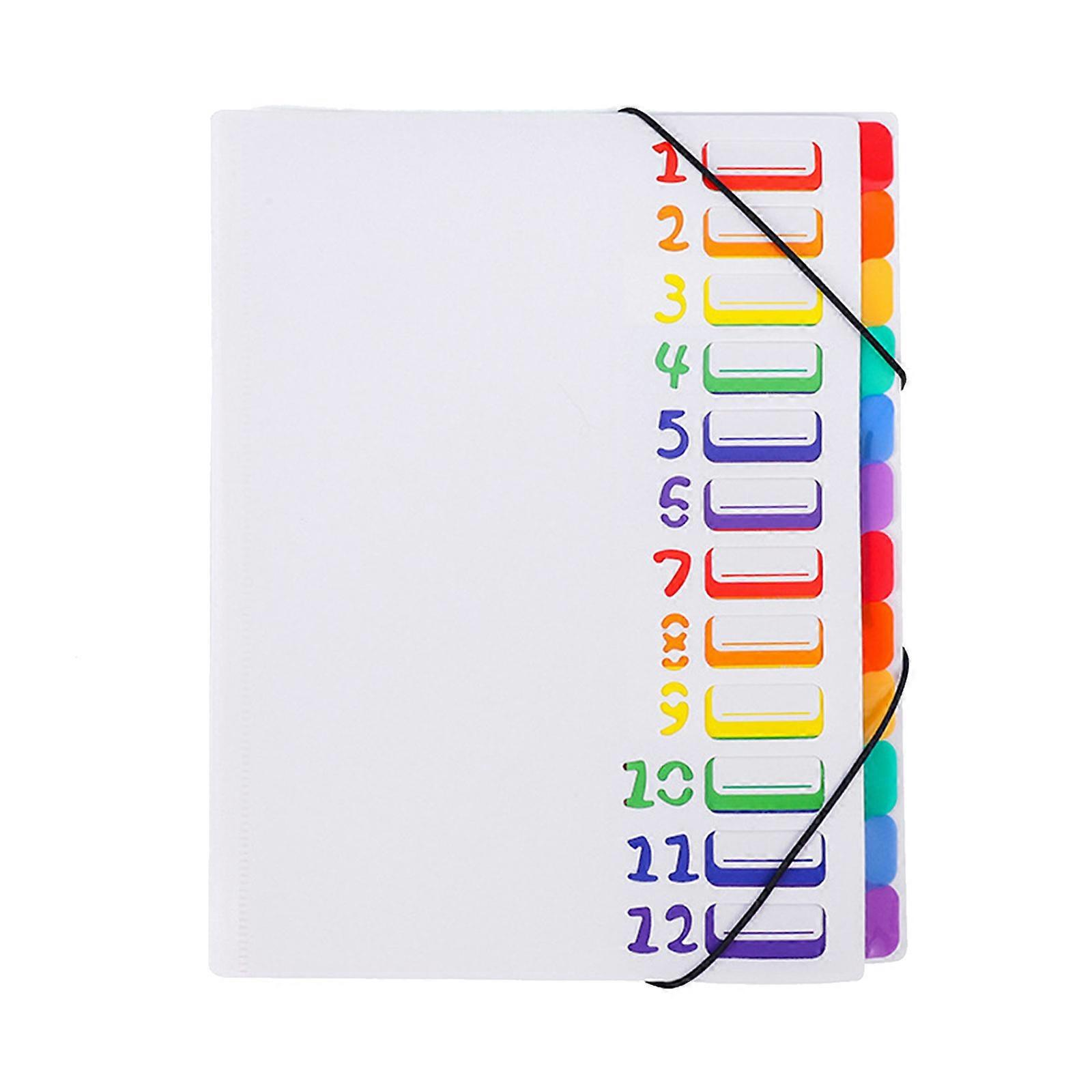 Vibrant Color Coded A4 Expandable File Organiser 12-Compartment Elastic Closure Band Waterproof School Office Supplies  White