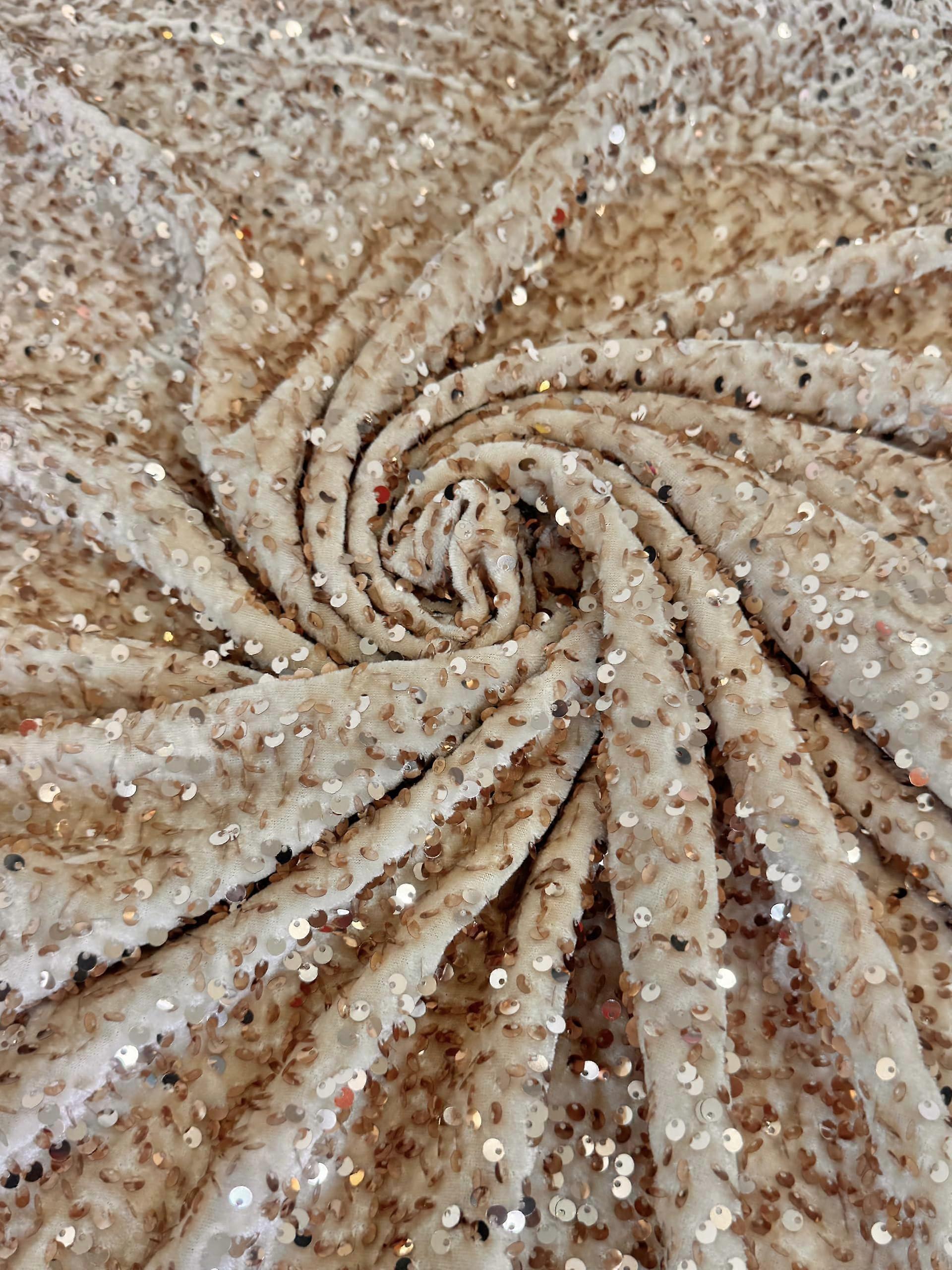 Sequin Velvet Fabric Soft Stretchy Glittering Sequ 1 Yard (Cream Champagne)