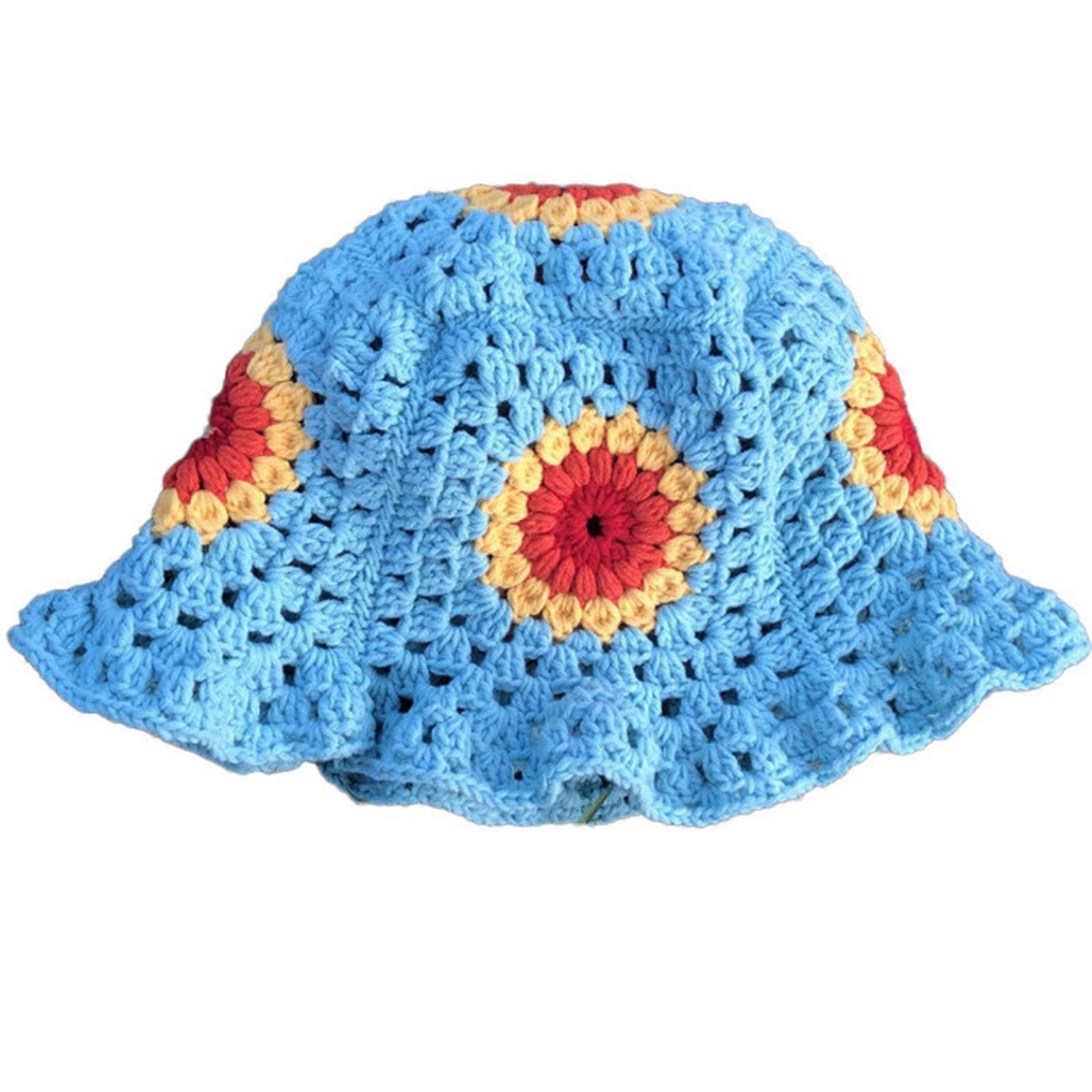 Crochet Floral Pattern Bucket Hat Multi-Color Breathable Wide Brim Bucket Hat Skin-friendly Sunproof Fisherman Cap  Blue