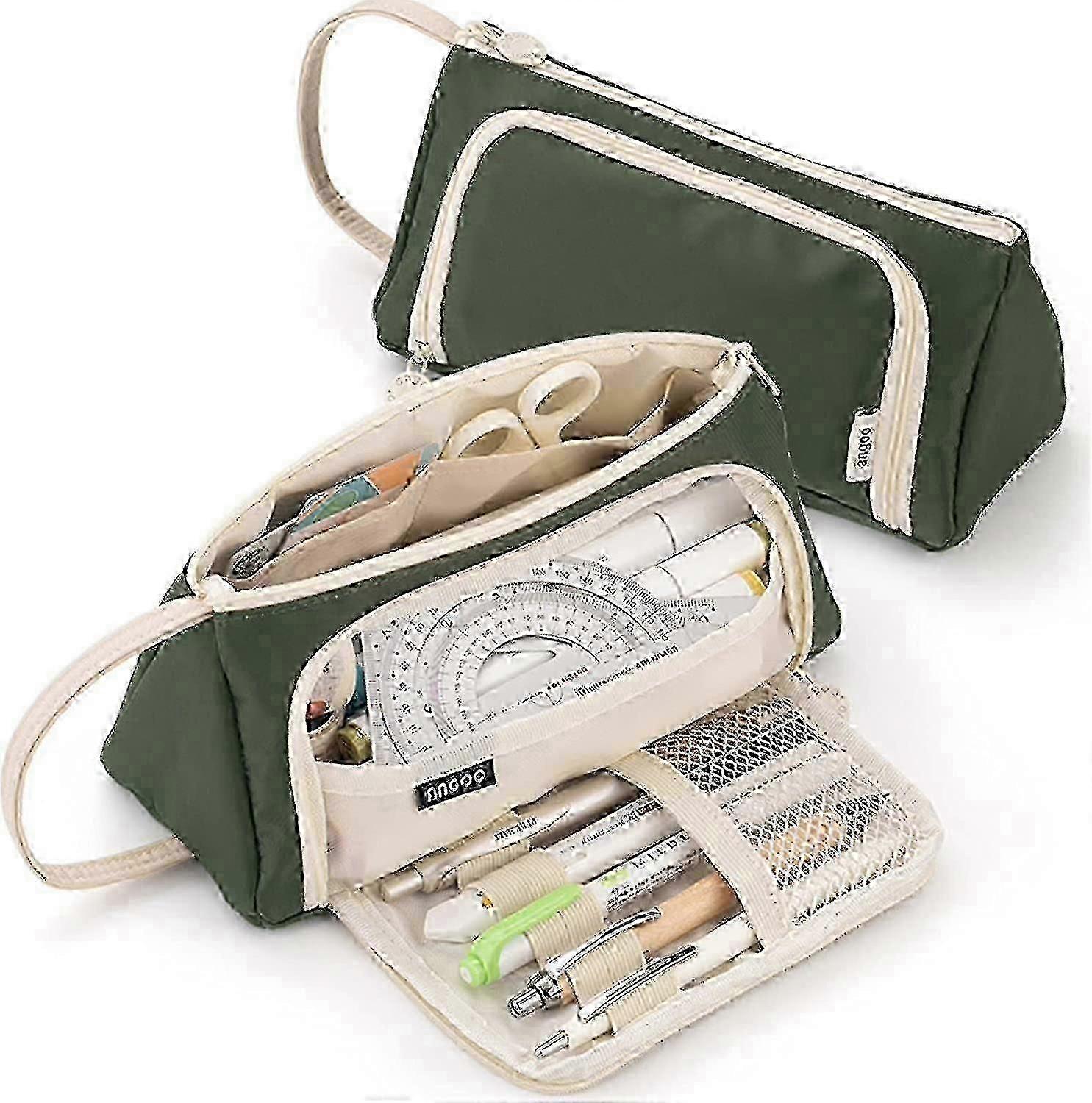 Durable Large Capacity Pencil Case,with Compartments(cream-dark Green)