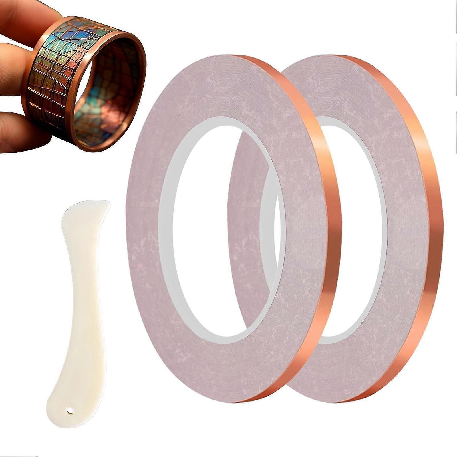 Copper Adhesive Tape, Stained Glass Projects 2 Pieces Copper Paper Circuit Shielding Tape with Bone Folding Tool, 6 mm